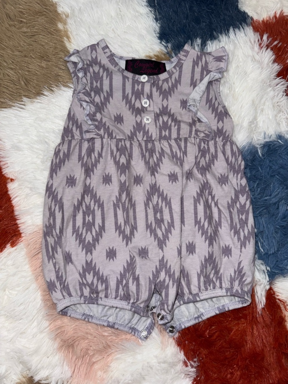 Lavender Patterned Baby Romper with Ruffle Shoulders